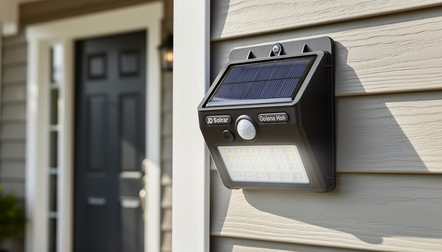 JD solar sensor light installed outdoors with solar panel and motion sensor visible