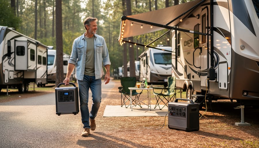 Person carrying a lightweight portable power station toward an RV