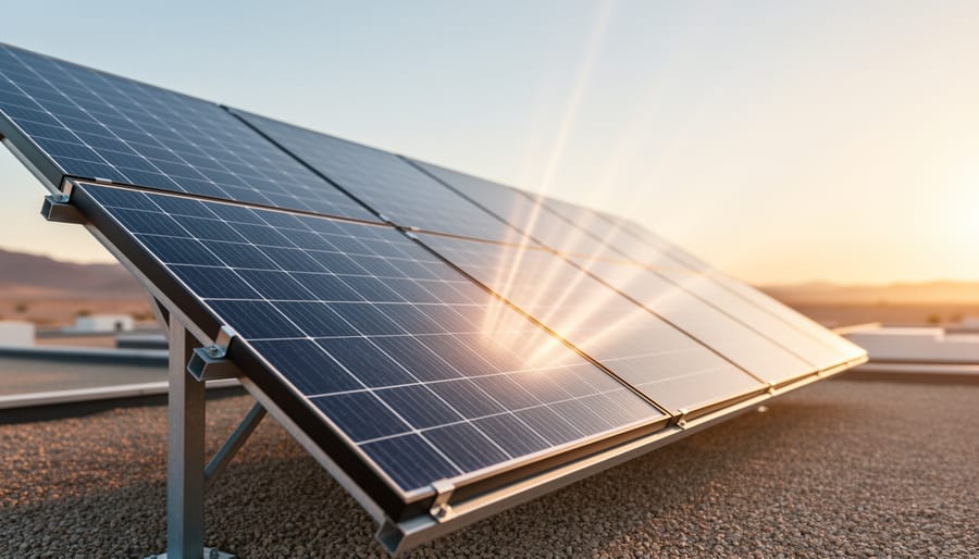 Sunlit solar panel array with warm light rays suggesting energy transformation toward the panel surface.