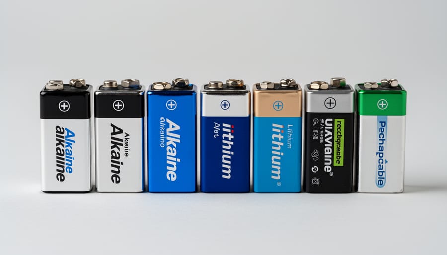 Close-up of multiple 9V batteries on a workbench with different chemistries and visible terminals