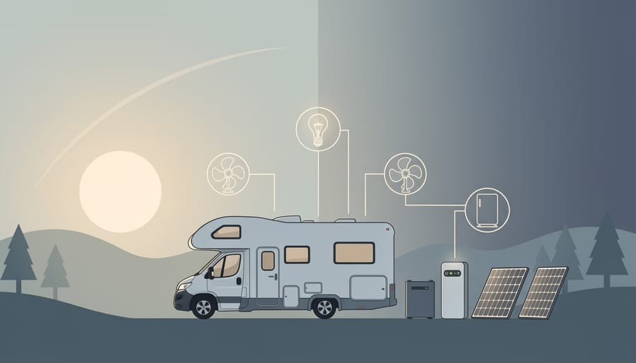 Portable power station providing off-grid power for an RV at dusk