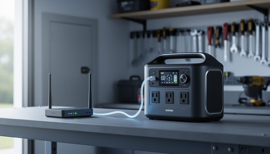 Portable power station on a garage workbench connected to home electronics for backup power, with the electrical panel and router nearby.
