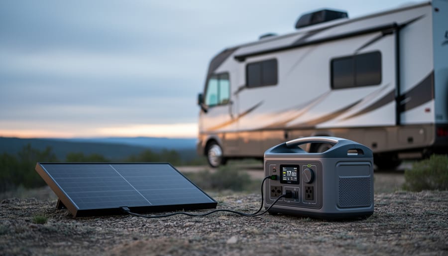Portable power station connected to solar panels at an off-grid RV campsite next to an RV, suggesting reliable off-grid charging for RV power needs.