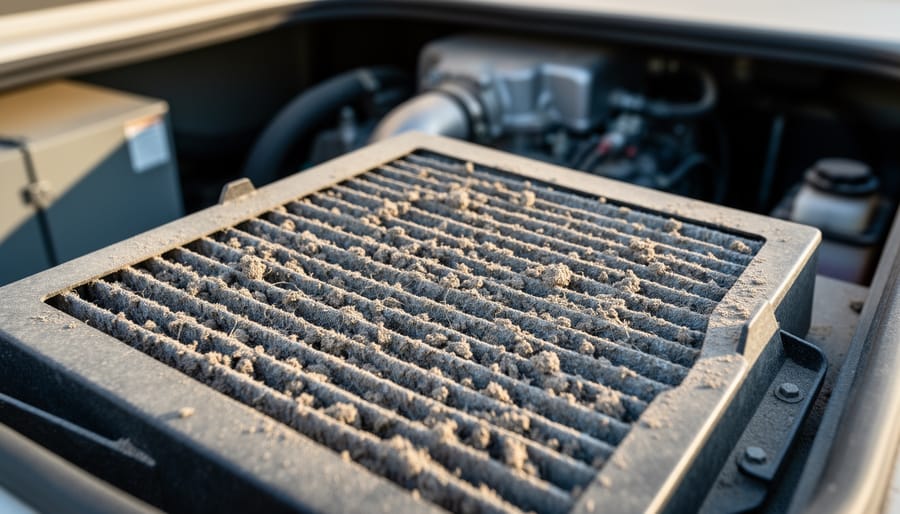 Close-up of a dirty RV generator air filter and a clean replacement filter on a workbench