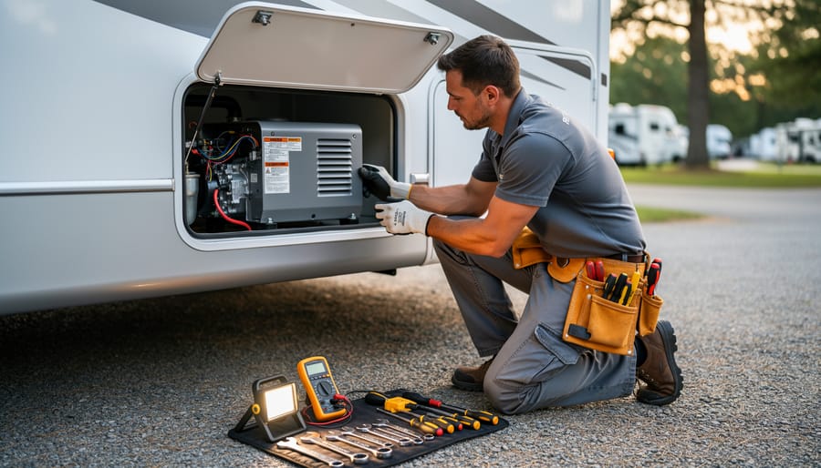 Technician kneeling beside an open RV generator compartment with tools at a campground
