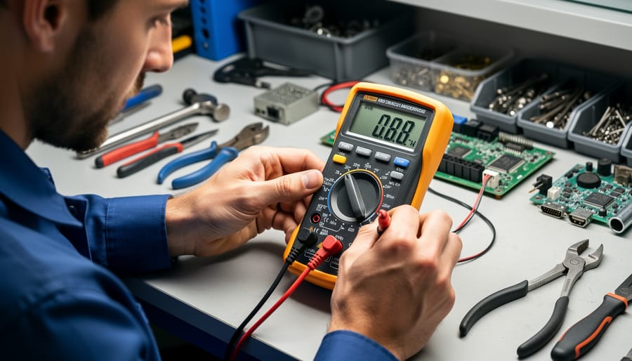 Multimeter probes connected near an open RV generator service panel for electrical testing
