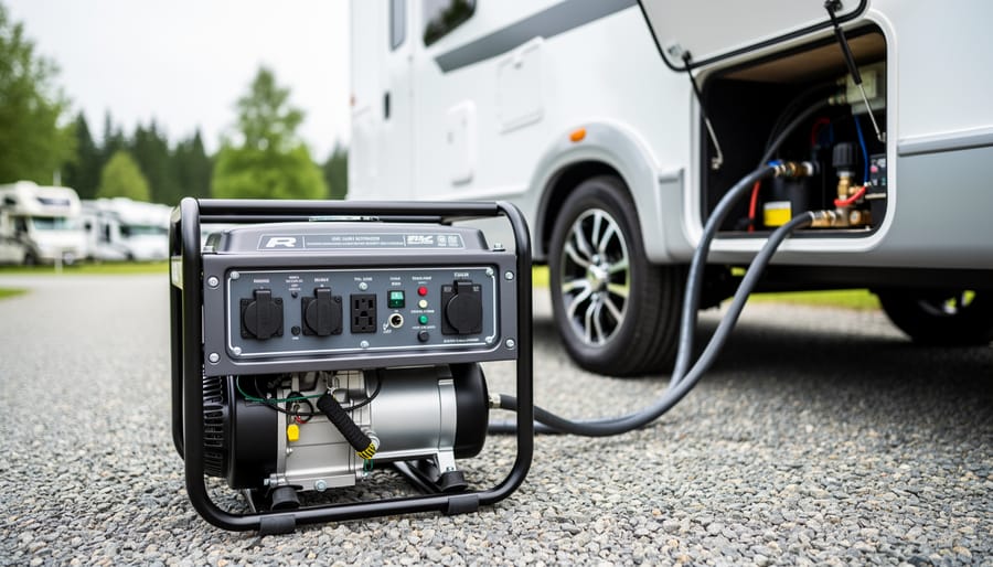RV generator outside a recreational vehicle with a visible control panel and pull-start area, photographed in a campground setting.