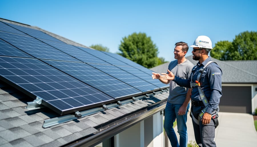 A homeowner and solar installer inspecting mounted solar panels on a home roof in natural daylight, illustrating real-world installation size planning.