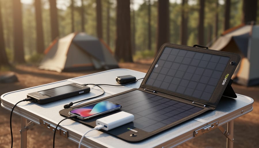 Two solar-powered USB chargers on a camping table charging a smartphone and power bank in golden hour sunlight with a tent and trees blurred in the background.