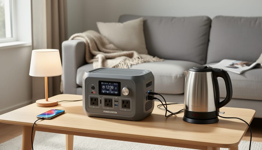 Portable power station powering a coffee maker and LED lights at a weekend RV campsite
